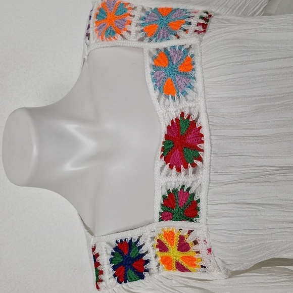 White Boho Multicolor Bohemian Hippie Crochet Square Neck Peasant Blouse Size L - Picture 3 of 13